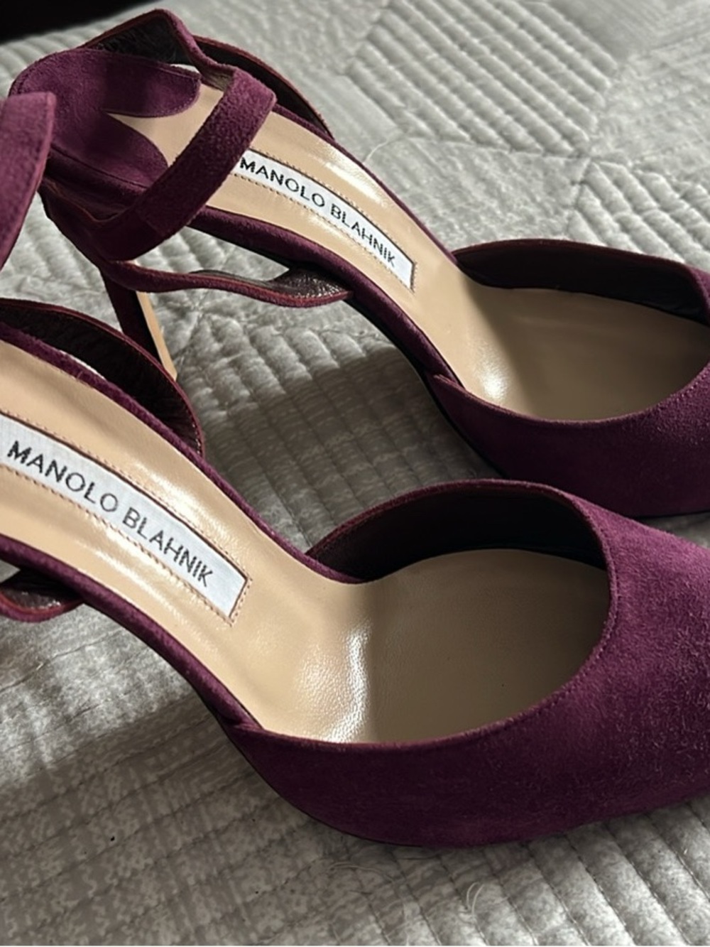 Manolo Blahnik Plum Suede Pointed-Toe Ankle-Strap Heels - Picture 2 of 4